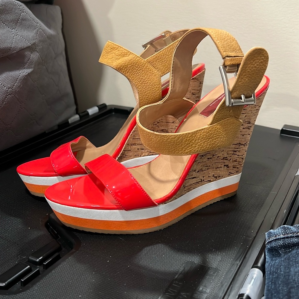 Red: Saks Fifth Avenue orange/ white wedge sandal
